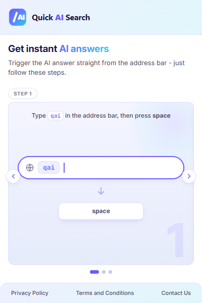 Quick AI Search add-on popup with the qai address-bar keyword tip